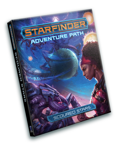 Starfinder Scoured Stars Adventure Path In space, a dark-skinned human woman stares with determination at an armored, insect-like foe as its allies attack a world in the background.