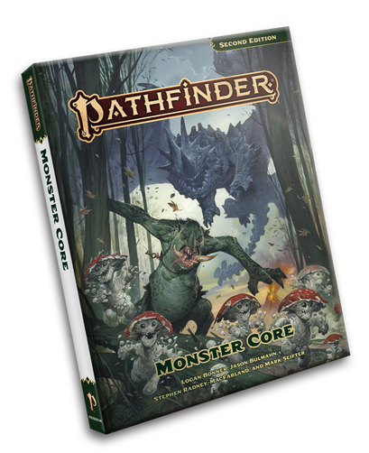 Pathfinder Monster Core Fungus leshies, a fierce troll, and a dragon rampaging through a forest.