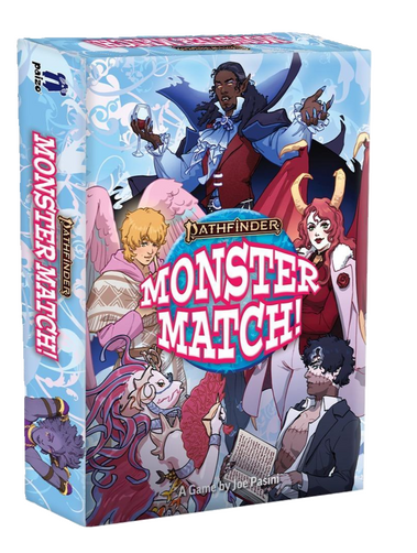 Pathfinder Monster Match Box cover of the Pathfinder Monster Match board game. There are monsters in colorful, fun art styles. The font of Monster Match is white with a pink outline.