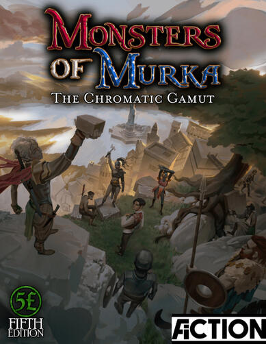 A group of figures atop a high cliff overlooking a fantasy version of New York City. One figure holds their weapon aloft as though inspiring their party, who are in various states of resting and readying for battle.