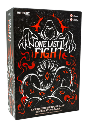 One Last Fight Box Cover for the card-based game One Last Fight. On a black background, white and red text and art of a clawed figure looming over a snake-like creature whose body is covered with red eyes.
