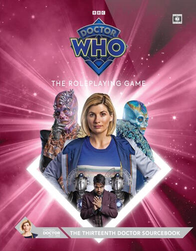 Against a vibrant magenta background, the Thirteenth Doctor surrounded by various iconic characters, including Cybermen, Swarm, and Spy Master.