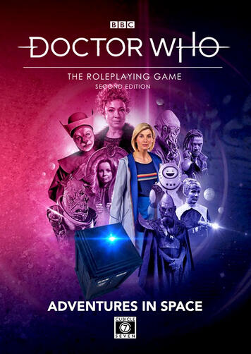 Doctor Who: Adventures in Space Against a pink, purple, and blue background, the Thirteenth Doctor with her sonic screwdriver, surrounded by images of various characters and aliens from across many eras of the show. At the bottom of the image, the TARDIS zooming upwards at an angle.