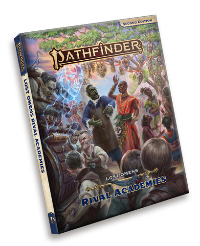 Pathfinder Lost Omens Rival Academies A black wizard discusses magic with an orc inventor. Behind them is a colorful tree of masks and in the foreground is an device being worked on that's projecting a face in electricity.