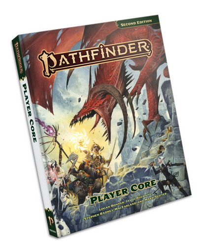 Pathfinder Player Core A party of iconic heroes doing battle against a fierce red dragon.