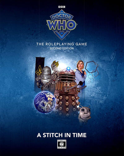 Against a blue background, the Thirteenth Doctor along with images of Earth, a Dalek, and various other aliens.