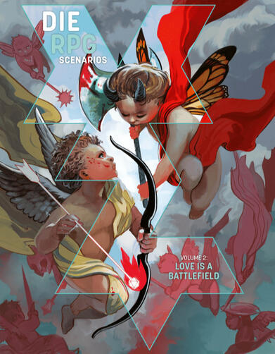 Cover for DIE RPG Scenarios Vol 2: Love is a Battlefield. Two cherub-like figures in mid-air combat as another flies toward them.