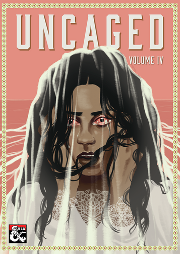 Cover art for Uncaged Anthology Volume IV. A distressed-looking woman wearing a white dress, her long dark hair hangs over her shoulders. Her eyes appear bloodshot and wet with tears.