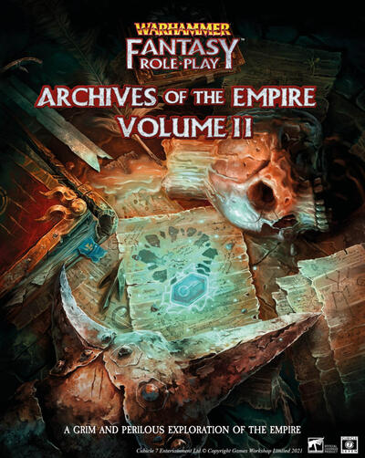 WFRP: Archives of the Empire volume II A desk cluttered with various objects: a document, a knocked-over skull with an unlit candle set into it, a tome, and more.
