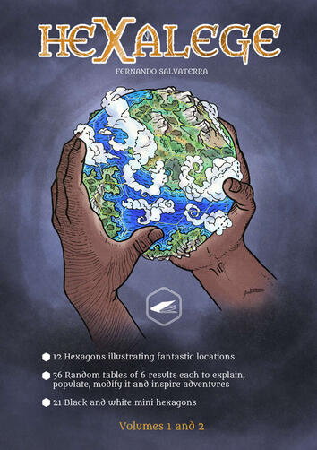 Hexalege Cover of Hexalege, by Fernando Salvaterra. Art of two brown-skinned hands holding aloft a colorful Earth.