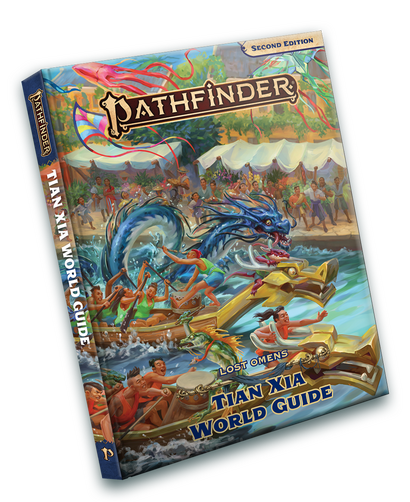 Pathfinder Lost Omens Tian Xia World Guide A colorful, joyful scene. Boats and a dragon race each other as festival onlookers cheer them on.