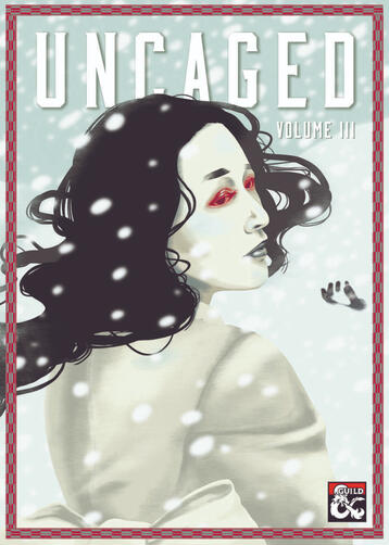 A snowy winter scene. A Japanese woman with snow-white skin and red eyes looks back over her shoulder, slightly toward the viewer.