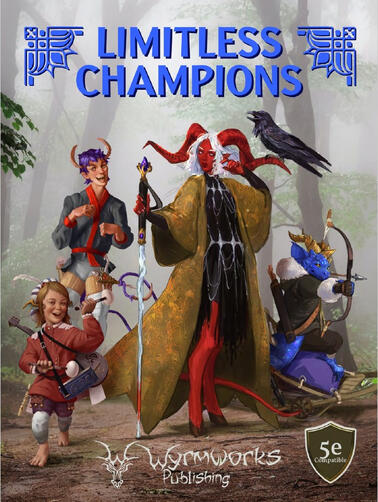 A red-skinned, horned spellcaster with a raven on their shoulder wields a staff; a blue-skinned archer with gold horns readies their bow from a wheeled chair; a purple-haired person with prosthetic legs sings; a young, short bard plays a drum.