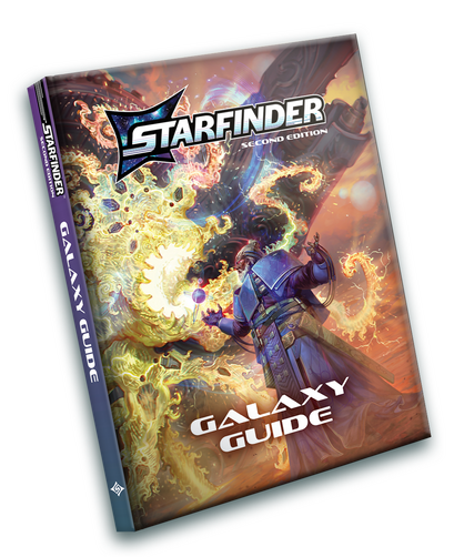 Starfinder Galaxy Guide Zemir, the Starfinder iconic human witchwarper, and Obozaya, the Starfinder iconic vesk soldier, are embroiled in epic combat with Illumantula, a large guardian creature that resembles a cosmic light monster.