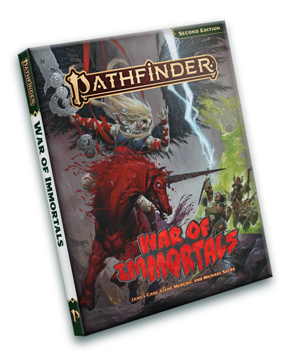 The book cover for Pathfinder: War of Immortals with Szuriel atop her Apocalypse Horse, Grace of Flame, which is soaked in blood, with a blade where a unicorn's horn would usually be.