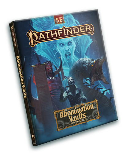 Pathfinder Abomination Vaults (5e) A screaming ghost, a red demon holding a contract on a long scroll, a gargantuan worm-like creature, and a confused-looking ghost of a dead adventurer.